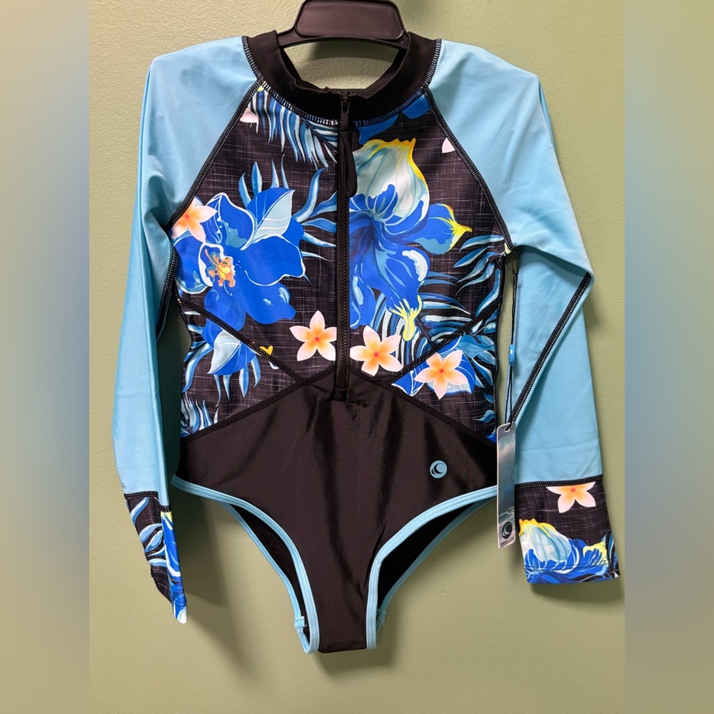 Floral Long Sleeve Kids One Piece Swimsuit NWT Size M